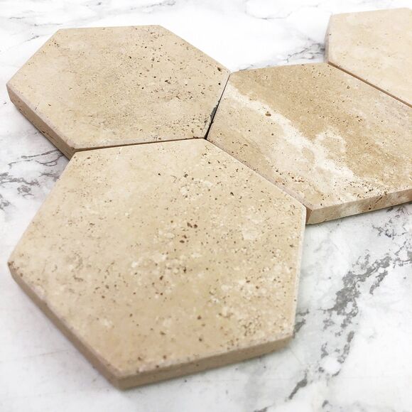Hexagonal Travertine Marble Coaster Set of 5 Natural Beige Stone Home Decor - Picture 9 of 10